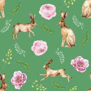 hare floral - rabbit floral, watercolor rabbits, spring floral - green