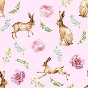 hare floral - rabbit floral, watercolor rabbits, spring floral - pink