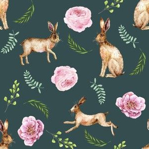 hare floral - rabbit floral, watercolor rabbits, spring floral - dark green