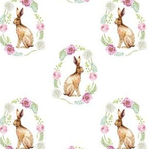 spring rabbit floral wreath - floral frame, spring flowers, watercolor flowers, pink floral - white