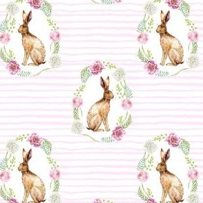 spring rabbit floral wreath - floral frame, spring flowers, watercolor flowers, pink floral - pink stripes