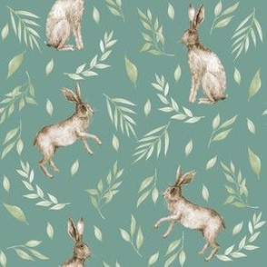 spring rabbit fabric - rabbit fabric, watercolor fabric, watercolour fabric - green