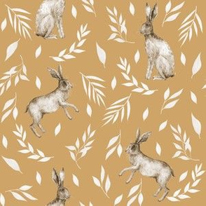 spring rabbit fabric - rabbit fabric, watercolor fabric, watercolour fabric - golden yellow