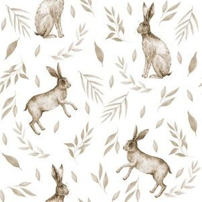 spring rabbit fabric - rabbit fabric, watercolor fabric, watercolour fabric - earth
