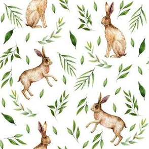 spring rabbit fabric - rabbit fabric, watercolor fabric, watercolour fabric - ferns