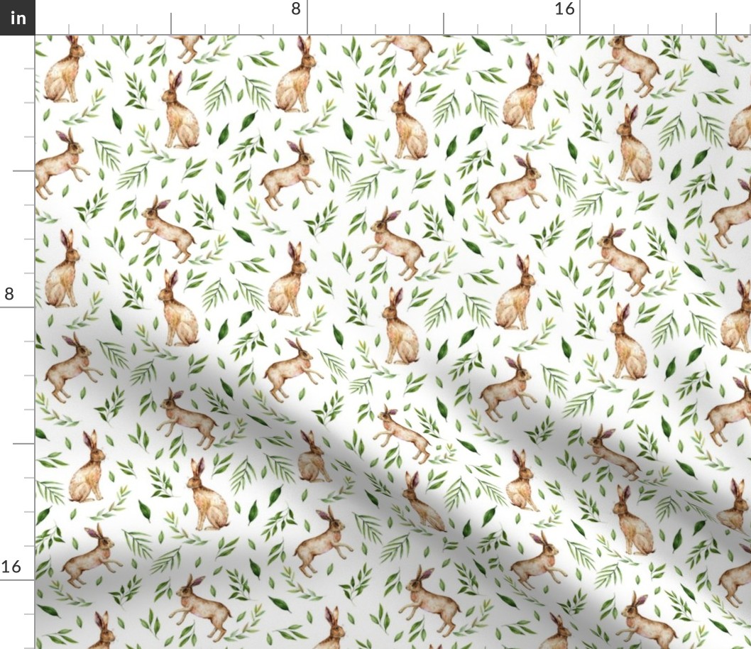 spring rabbit fabric - rabbit fabric, watercolor fabric, watercolour fabric - ferns