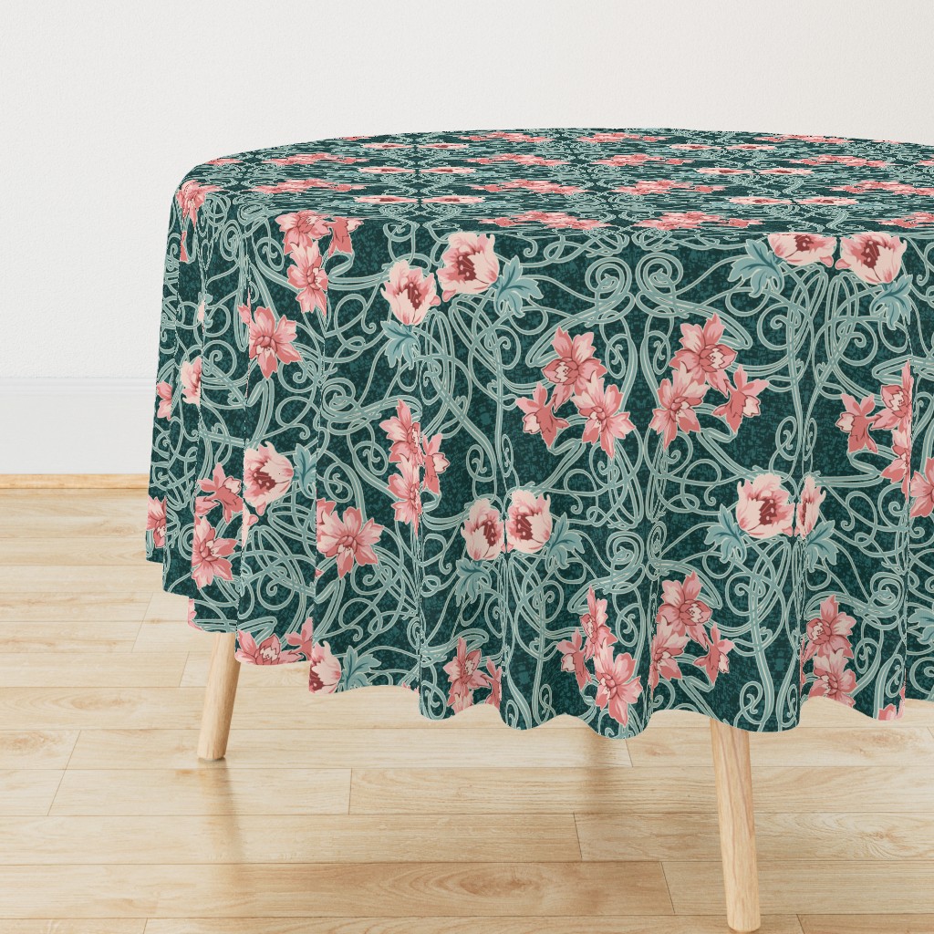 Art Nouveau Floral Pink Dark Teal Green