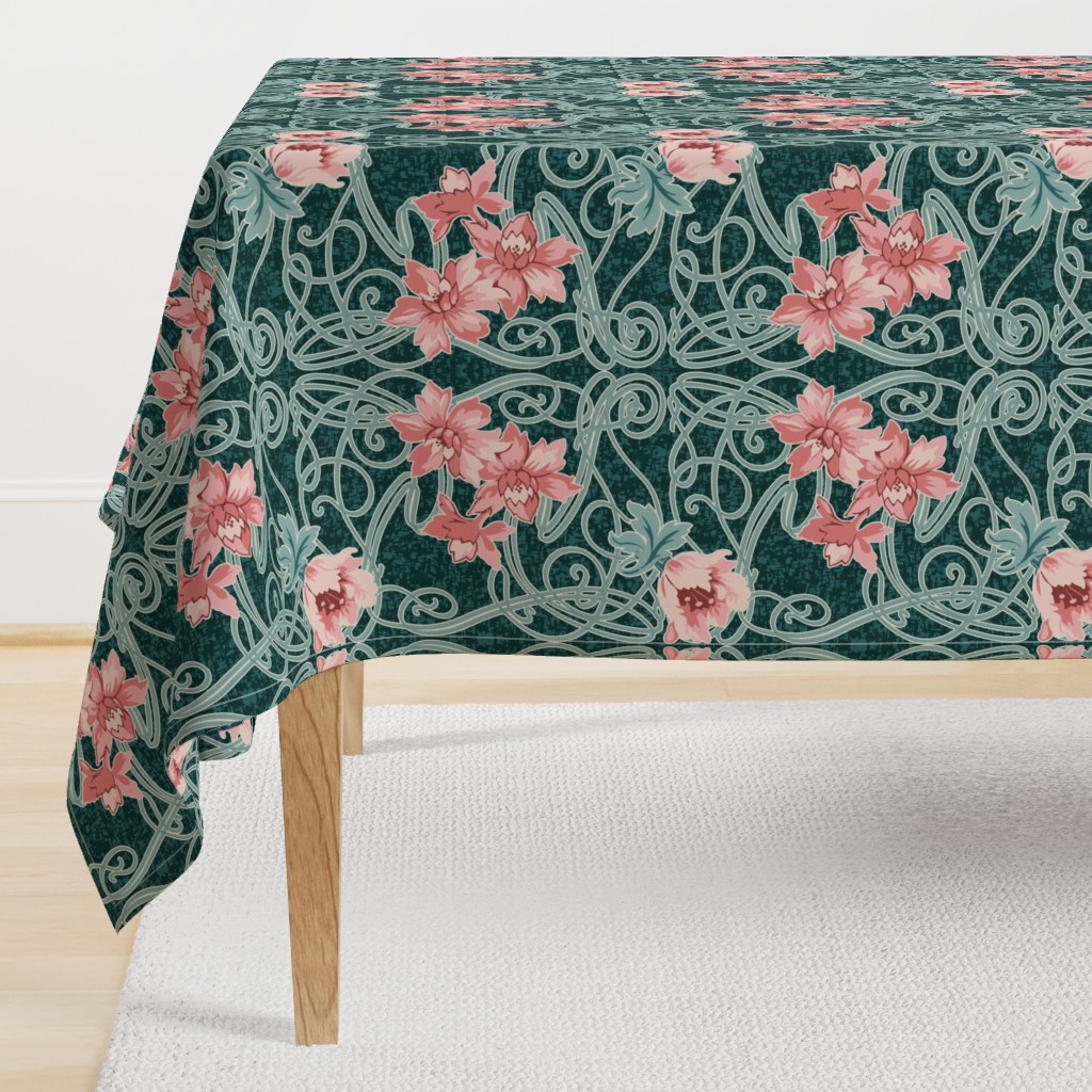 Art Nouveau Floral Pink Dark Teal Green