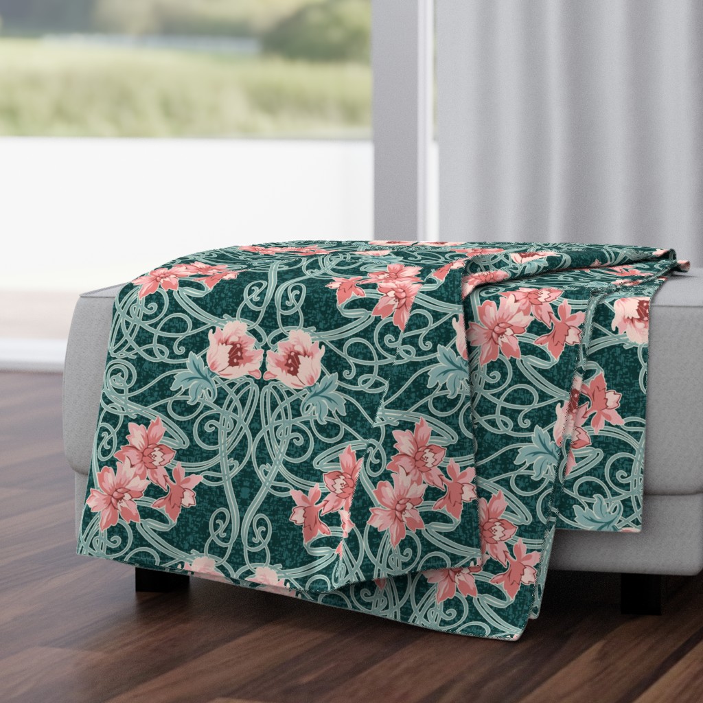 Art Nouveau Floral Pink Dark Teal Green