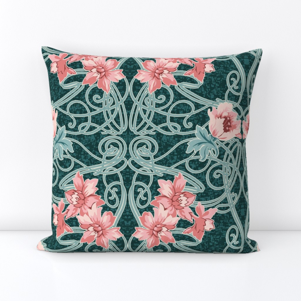 Art Nouveau Floral Pink Dark Teal Green