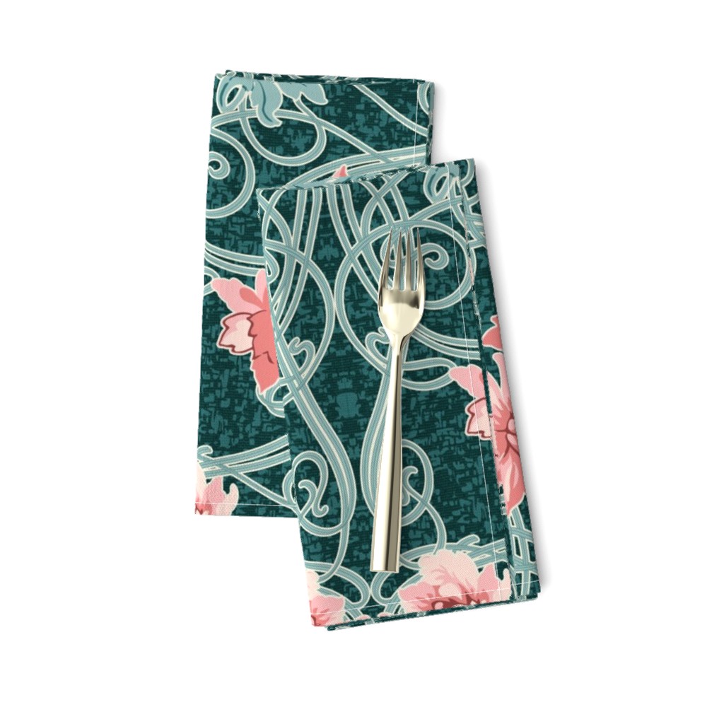 Art Nouveau Floral Pink Dark Teal Green