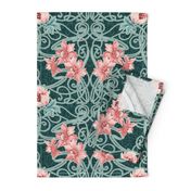 Art Nouveau Floral Pink Dark Teal Green