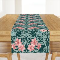 Art Nouveau Floral Pink Dark Teal Green