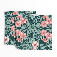 Art Nouveau Floral Pink Dark Teal Green