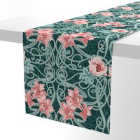 Art Nouveau Floral Pink Dark Teal Green