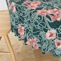 Art Nouveau Floral Pink Dark Teal Green