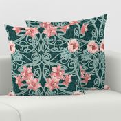 Art Nouveau Floral Pink Dark Teal Green