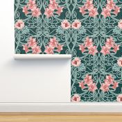 Art Nouveau Floral Pink Dark Teal Green