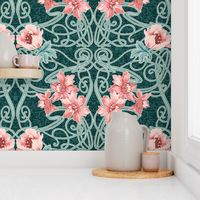 Art Nouveau Floral Pink Dark Teal Green