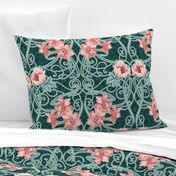 Art Nouveau Floral Pink Dark Teal Green