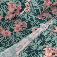 Art Nouveau Floral Pink Dark Teal Green