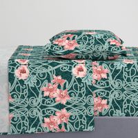 Art Nouveau Floral Pink Dark Teal Green