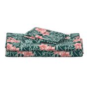 Art Nouveau Floral Pink Dark Teal Green