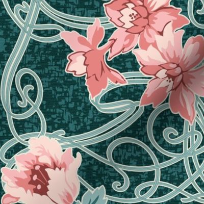 Art Nouveau Floral Pink Dark Teal Green