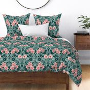 Art Nouveau Floral Pink Dark Teal Green