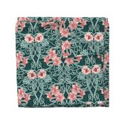 Art Nouveau Floral Pink Dark Teal Green