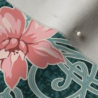 Art Nouveau Floral Pink Dark Teal Green