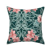 Art Nouveau Floral Pink Dark Teal Green