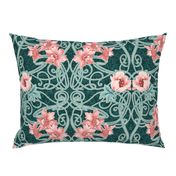 Art Nouveau Floral Pink Dark Teal Green