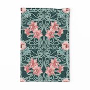 Art Nouveau Floral Pink Dark Teal Green