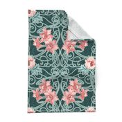 Art Nouveau Floral Pink Dark Teal Green