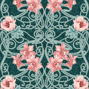 Art Nouveau Floral Pink Dark Teal Green