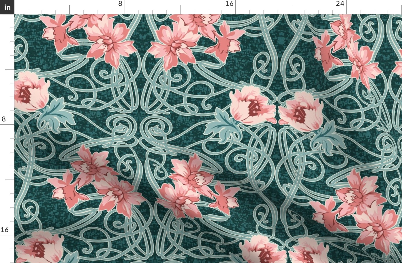 Art Nouveau Floral Pink Dark Teal Green