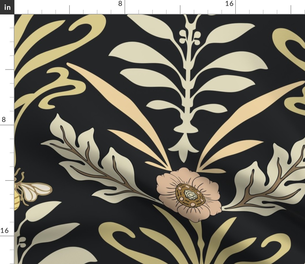 Art Nouveau - Jumbo - Dark - Honey Bee and Flower Fabric byfernlesliestudio