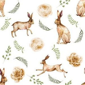 Hare floral - watercolor fabric, hare floral, hare fabric, watercolours - whtie