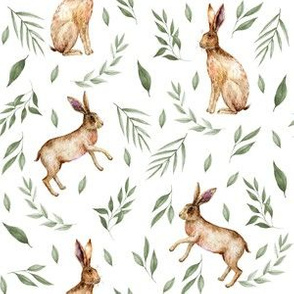 rabbits watercolor fabric - easter fabric, rabbit fabric - natural
