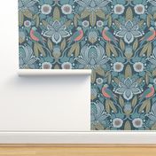 Tanager,  Blue with Coral and Olive, Jumbo
