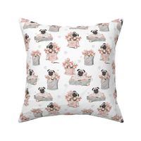 Flowerbox Pug watercolor tulips white small