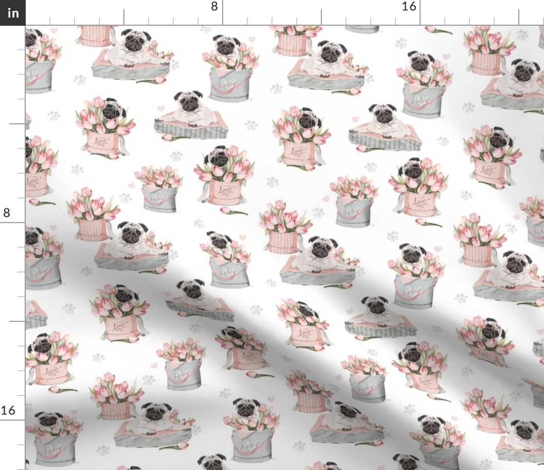 Flowerbox Pug watercolor tulips white small