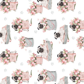 Flowerbox Pug watercolor tulips WHITE ROTATED