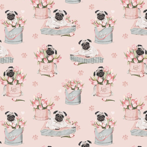 Flowerbox Pug watercolor tulips pink BIG