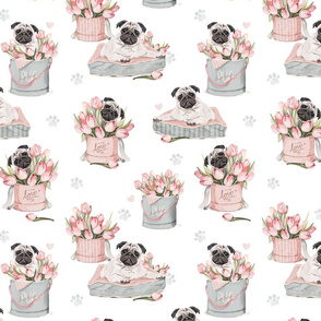 Flowerbox Pug watercolor tulips - white BIG