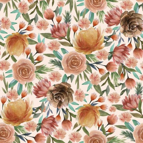 LARGE Easter flowers fabric - watercolor floral fabric, floral fabric, spring florals, muted, earth tones, 2020  florals - blush