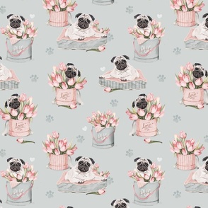 Flowerbox Pug watercolor tulips - grey big