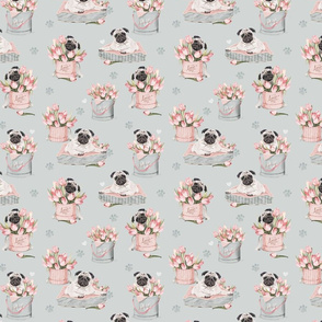 Flowerbox Pug watercolor tulips - grey small