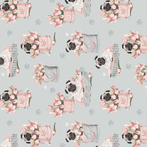 Flowerbox Pug watercolor tulips - grey rotated